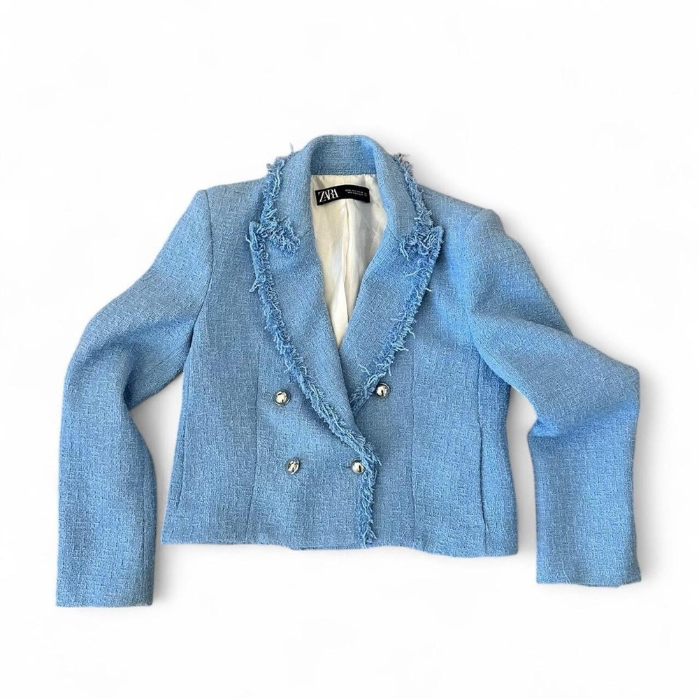 ZARA TWEED BLAZER BABY BLUE WITH SILVER BUTTONS SIZE SMALL NWOT
